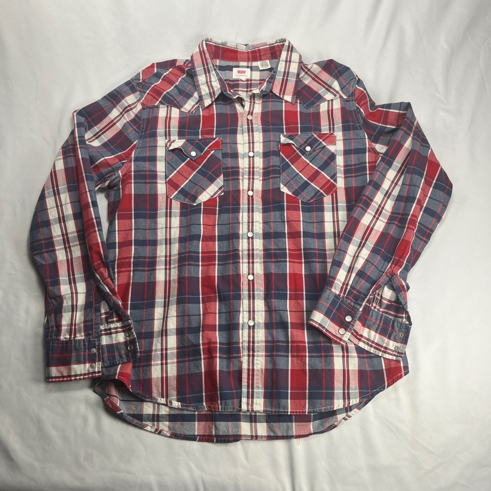 Levi's Western Pearl Snap Shirt XXL Red Blue Plaid Long Sleeve Cotton Yoke
